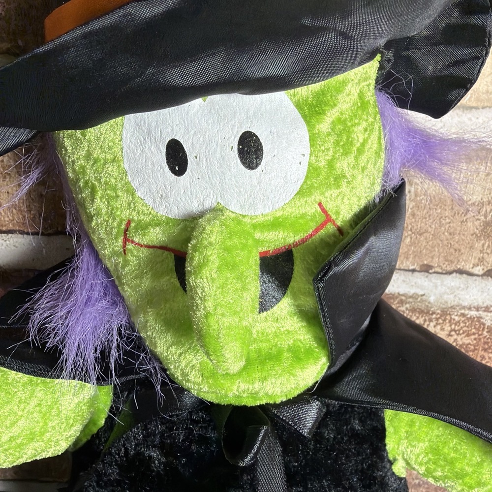 Halloween Green Witch Plush Doll Stuffed Toy Black Hat Cape Purple Hair - Picture 2 of 4